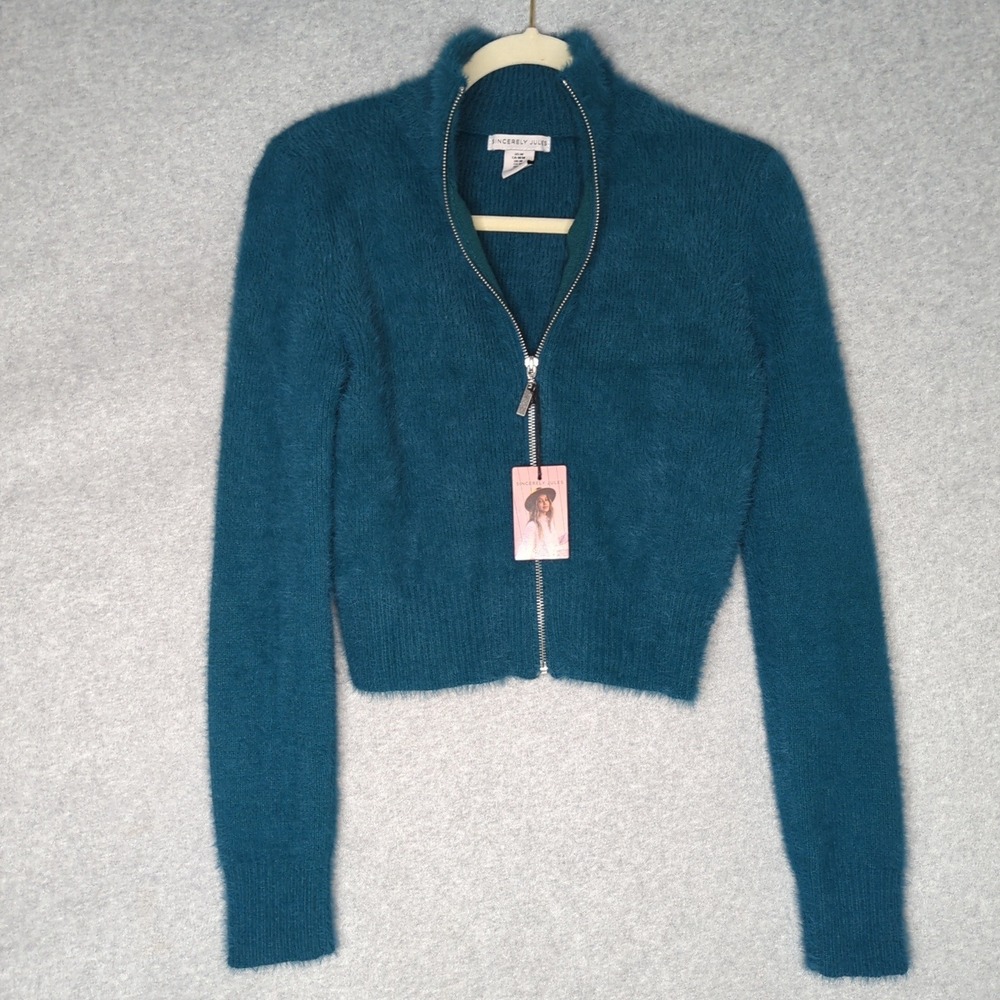 New Sincerely‎ Jules Fuzzy Cropped Zip Up Cardigan Sweater Women's Teal M